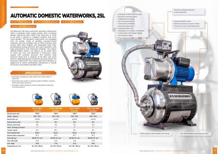VB 25/1300 INOX Automatic Domestic waterwork, with INOX steel impeller, casing and pressure tank, 1300 W, 5.400 l/h, 4,8 bar, 25 L