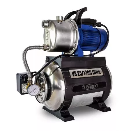 VB 25/1300 INOX Installation d'eau domestique, avec roue, corps de pompe et réservoir de pression INOX, 1300 W, 5.400 l/h, 4,8 bar, 25 L