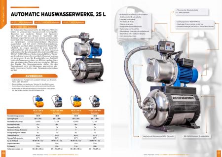 VB 25/1500 INOX Installation d'eau domestique, avec roue, corps de pompe et réservoir de pression INOX, 1500 W, 6.300 l/h, 4,8 bar, 25 L